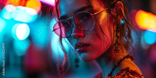 Neon Nightlife Fashion Portrait.
Fashionable woman with glasses in neon nightlife lighting.