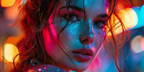 Glamorous Neon Light Beauty Shot. Glamour shot of a woman's face with neon lights and bokeh.