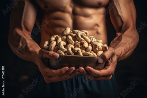 A bodybuilder holding cashew peanuts with one hand and he has only one cashew peanut in other hand 