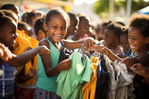 A group of children enthusiastically selecting free clothes at a back-to-school clothing giveaway event, 