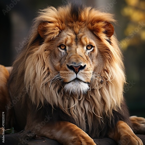 A lion in its enclosure looking forward at a rocky wall