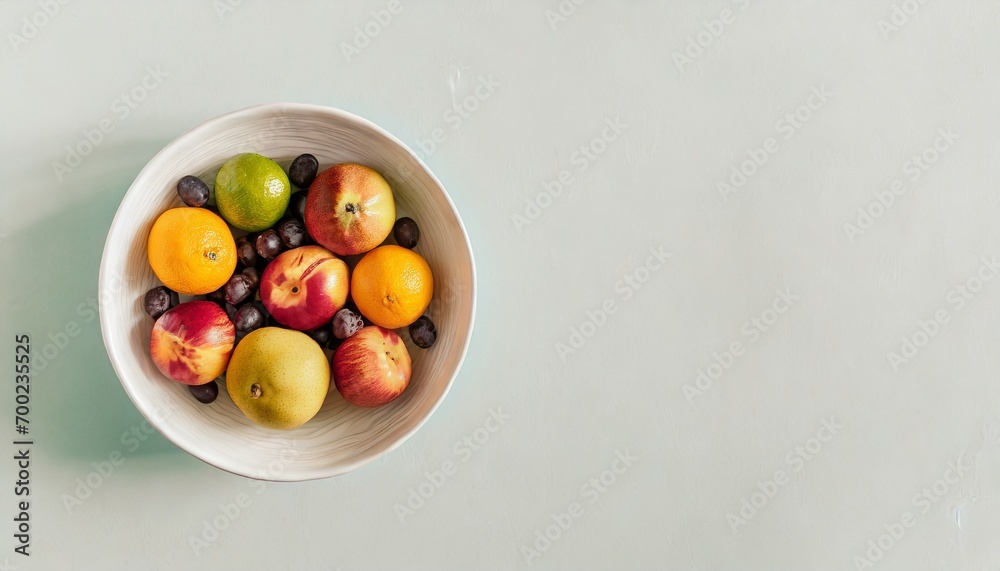Ciotola bianca con frutta su sfondo orizzontale bianco generato con ai Ciotola bianca con frutta su sfondo orizzontale bianco generato con ai