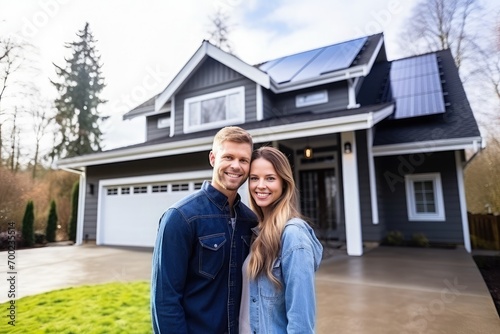 A happy couple stands smiling in the driveway of a large house with solar panels installed. Real estate new home concept