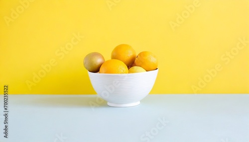 Ciotola bianca con frutta su sfondo orizzontale giallo generato con ai photo
