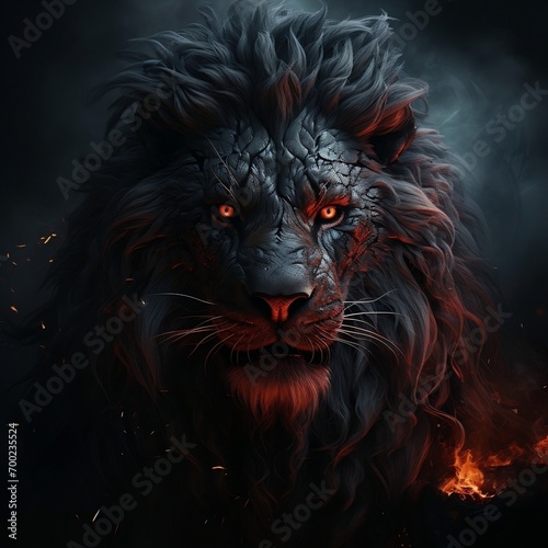 A lion with red eyes and flames on dark black background