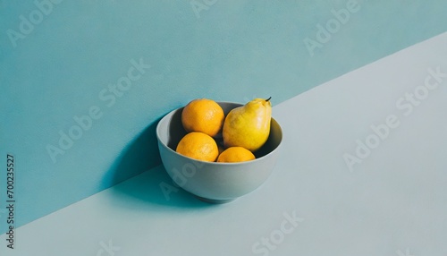 Ciotola blu con frutta su sfondo orizzontale azzurro generato con ai photo
