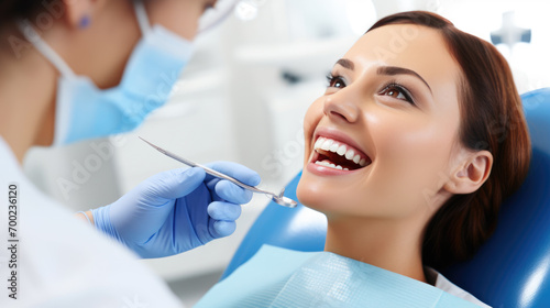 Young woman with a bright smile is in a dental chair during an examination