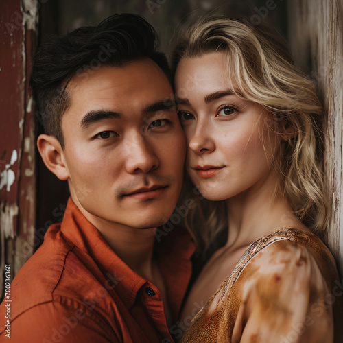 Portrait of an mixed/interracial Asian male and white female couple. Generative AI