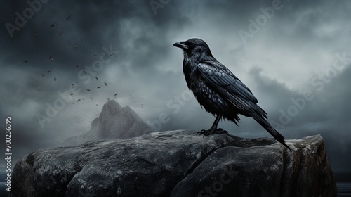A raven perched on a rock, the dark silhouette stark against a moody sky.