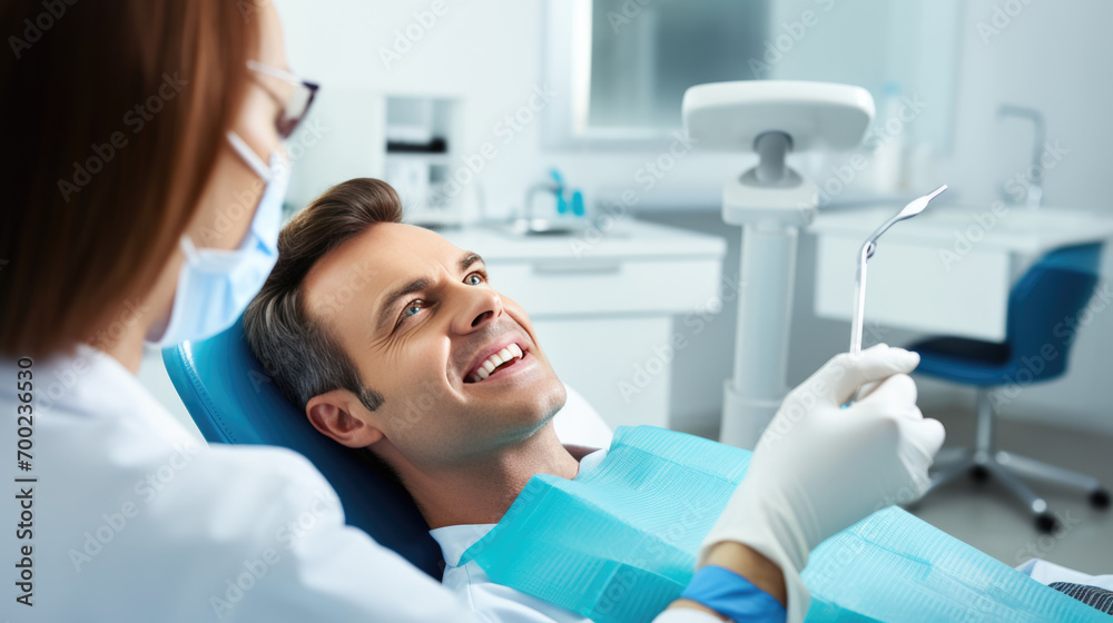 Close-up view of a dental examination with a male patient smiling while a dentist wearing gloves conducts an oral checkup using a dental mirror. Close-up view of a dental examination with a male patient smiling while a dentist wearing gloves conducts an oral checkup using a dental mirror.