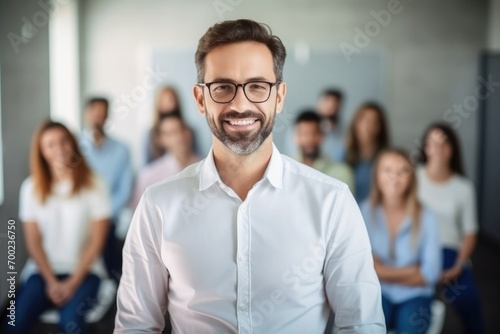 A young man teacher with no glasses Photo Realistic Style looking to the camera. background a classrom with happy students. Hyperrealistic. High-Key Lens effect. photo