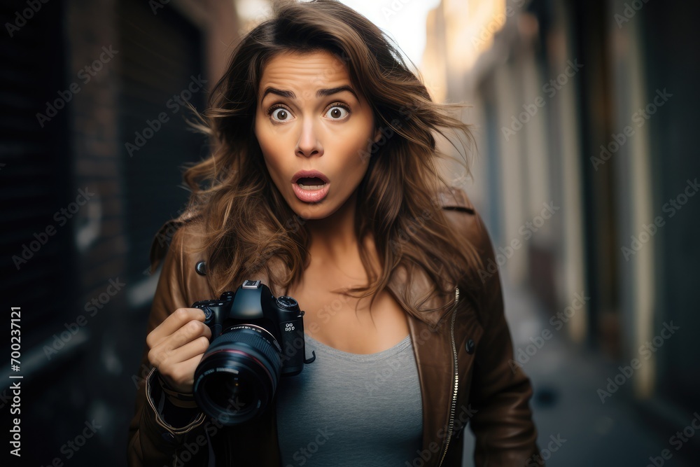 An attractive woman holding a camera looking surprised. 