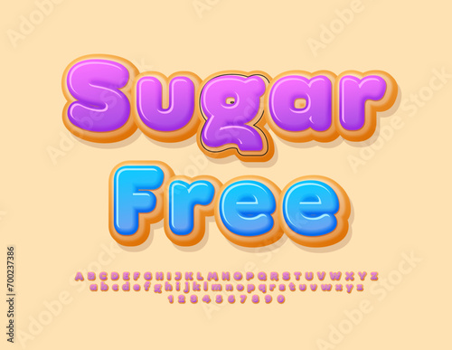 Vector health sign Sugar Free. Donut cake Font. Modern Creative Alphabet Letters and Numbers.