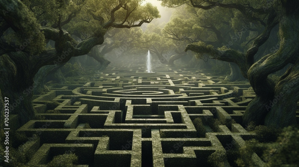 A maze in a forest with a tree in the middle (1) Ai Generative - obrazy, fototapety, plakaty 