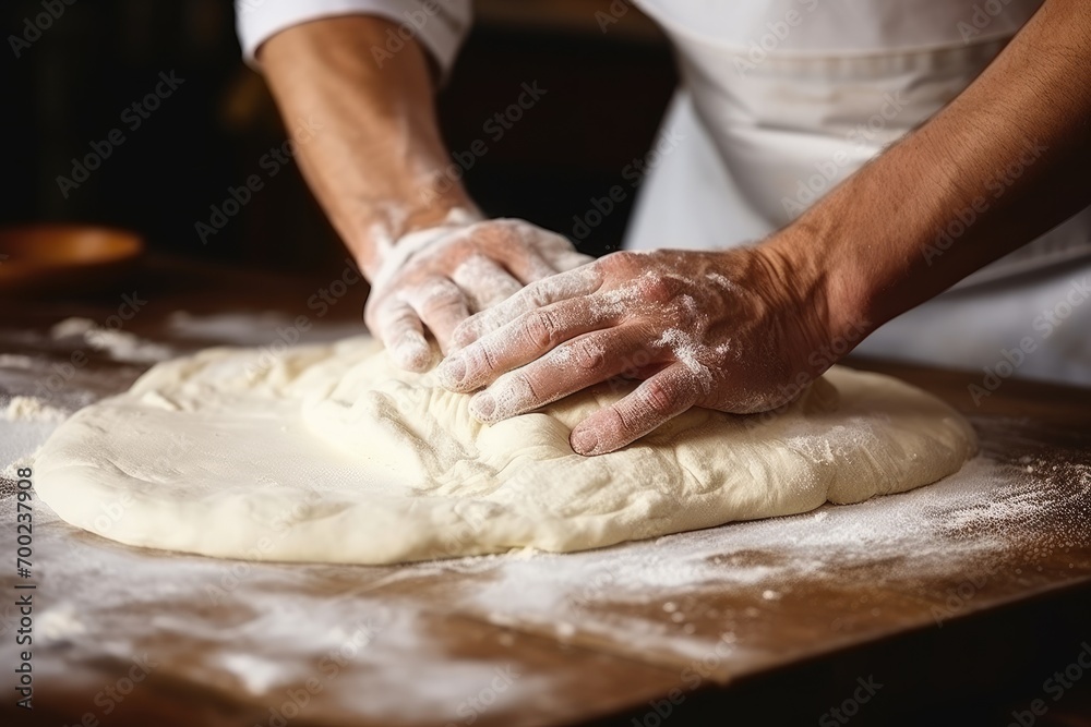 Bakery flour rolling hands prepare dough for pizza pasta food meal restaurant.