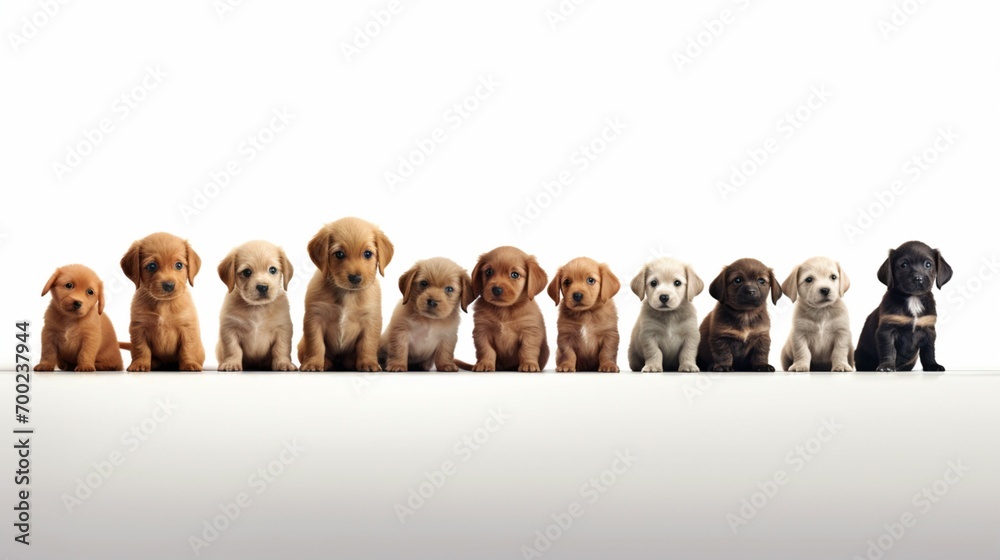 Fototapeta premium A row of puppies on white background (1) Ai Generative