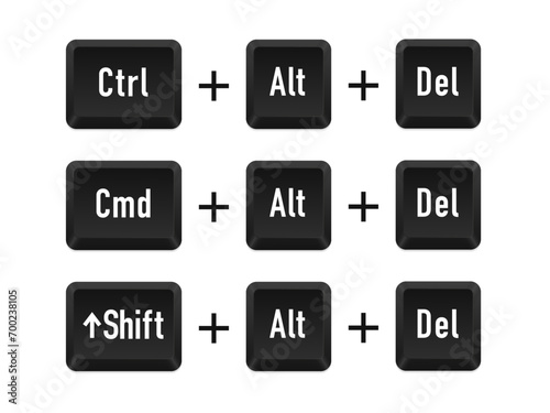 Ctrl alt del shortcut keys. Keyboard keys. Shift alt del. Computer button. Computer keyboard button set. Vector illustration