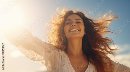 Beautiful smiling woman with open arms on a sunny day details like true 3d 8k