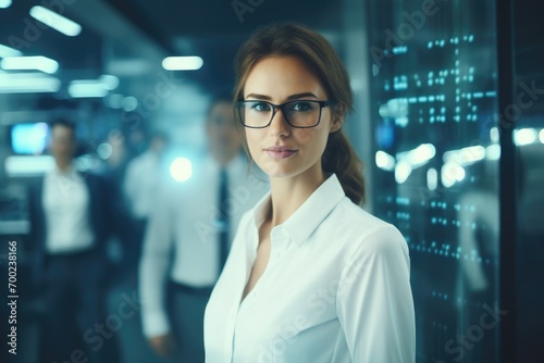 Beautiful young woman data scientist with glasses in modern Ai Science Laboratory with Team of Specialists on background. analog film photograph, cinematic, sharp focus, realistic, photorealistic, 