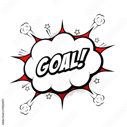 Goal speech bubble with stars and clouds. Vector colorful illustration in retro comic style. Sports game invitation poster. Idea conversation clear comic book sketch explosion. Vector illustration