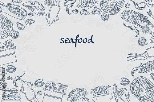 Horizontal banner with seafood and copy space in the center. Vector illustration for restaurants, fishing industry, market shops and menu.
