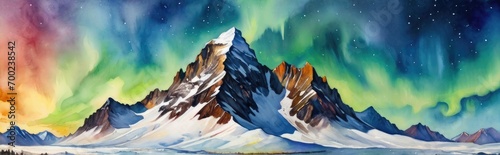 Watercolor painting of snowy mountain landscape with aurora borealis in the sky © QuoDesign