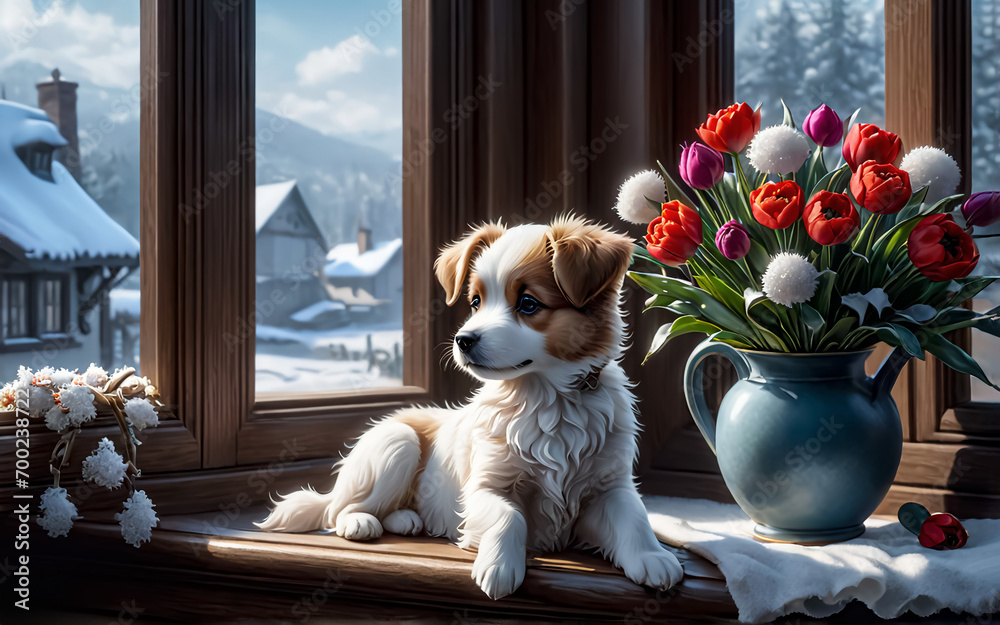 The dog is sitting on the windowsill next to a bouquet of flowers.