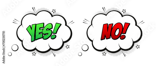 Yes and No speech bubble in pop art style. Feedback concept. Positive feedback concept. Design for comic book, poster, banner. Boom retro comic style. Pop art. Vector illustration