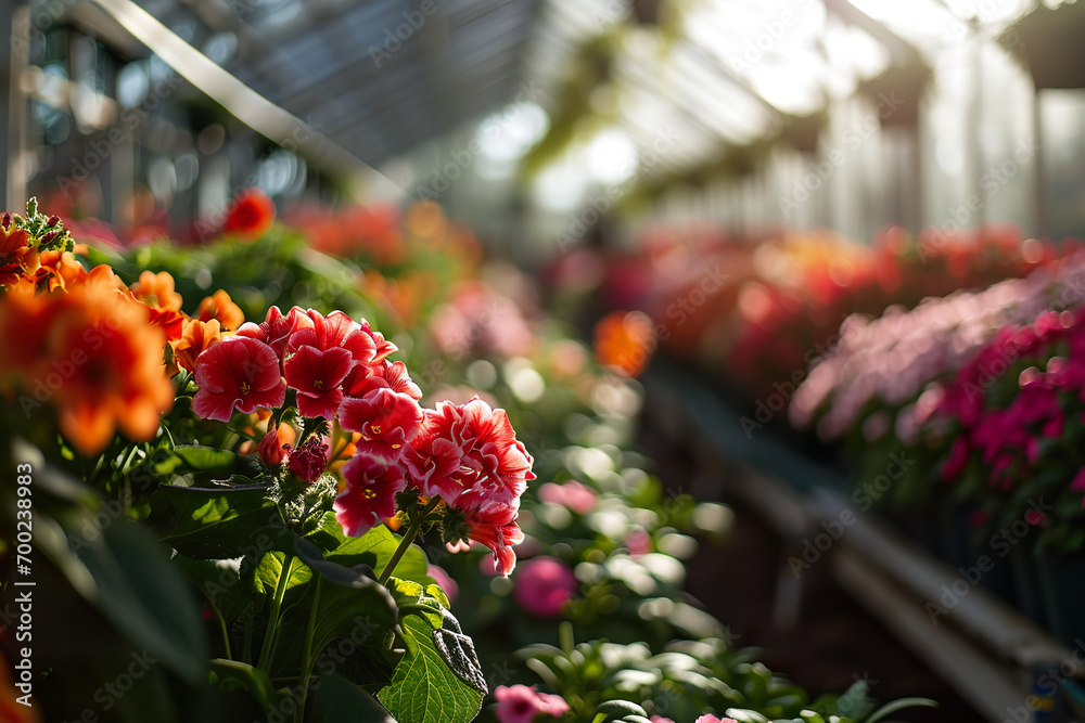 Greenhouse interior with rows of vibrant flowers.