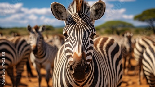 Portrait of zebra herd group in african savanna walking