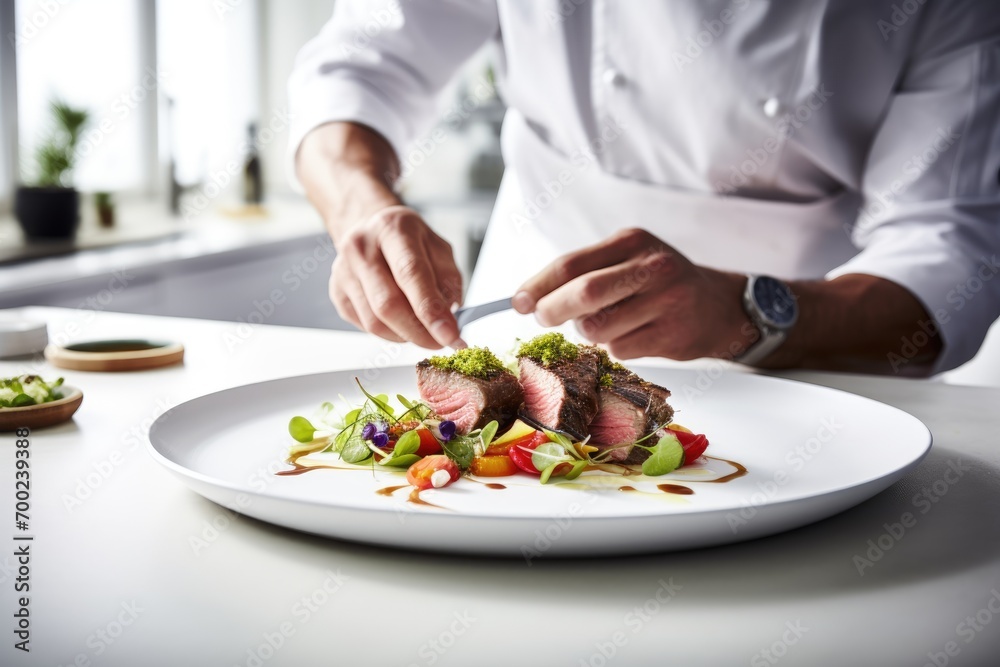 Craft an award-winning photograph chefs hands cooking steak, elegantly presented on a pristine white plate, set on a clean white kitchen table. The medium is professional DSLR photography, 