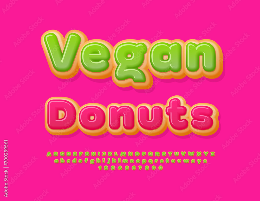 Vector tasty poster Vegan Donuts. Sweet Cake Font. Trendy Artistic Alphabet Letters and Numbers set.