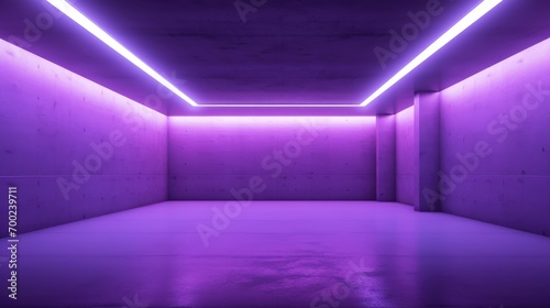 Empty modern concrete room with fluorescent neon tube ceiling lights, Purple colors 