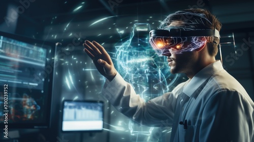doctor wearing VR virtual reality glasses Checking diagnosis and the Sci-fi Medical technology graphic interface hud screen, Hologram Of Human Brain in Modern Laboratory