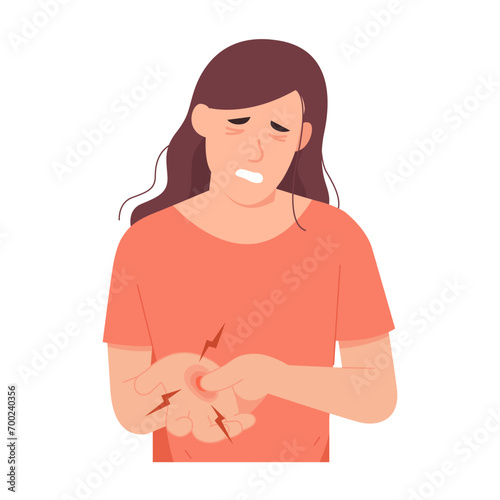 Flat vector illustration of a woman with palm pain. Inflamed hand muscles