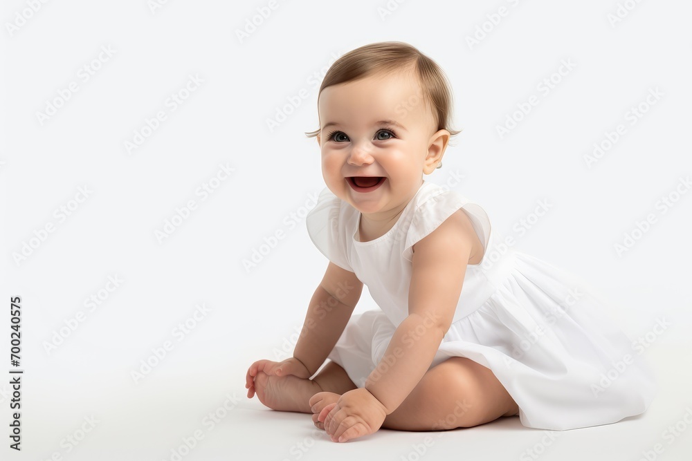 Full body profile shot of a very incredibly cute American baby girl 5 months old smiling happily and crawling, shot from a distance in a studio against a blank solid white collar background, Full body profile shot of a very incredibly cute American baby girl 5 months old smiling happily and crawling, shot from a distance in a studio against a blank solid white collar background,