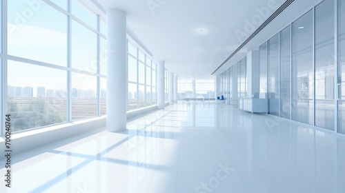 hall of modern office or medical institution in hospital, blurred background with trees and city