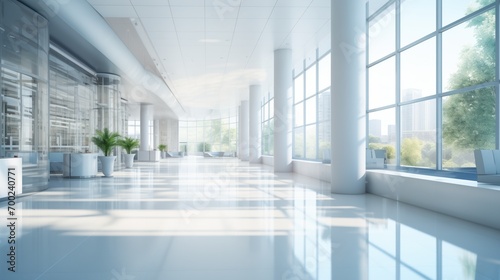 hall of modern office or medical institution in hospital, blurred background with trees and city photo