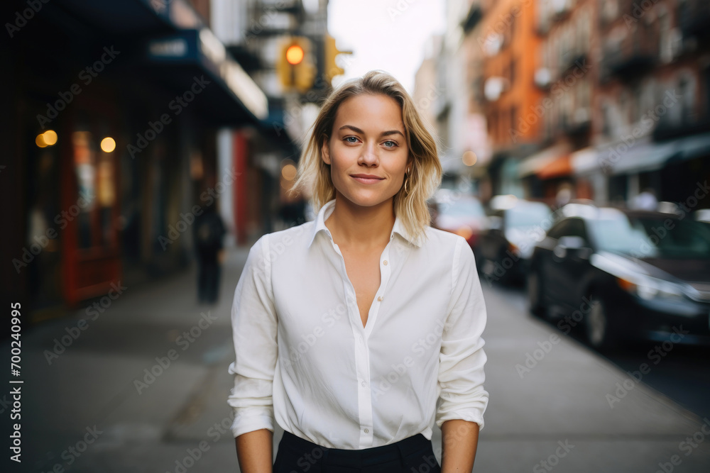 Stylish Professional: Smiling Woman in City Setting