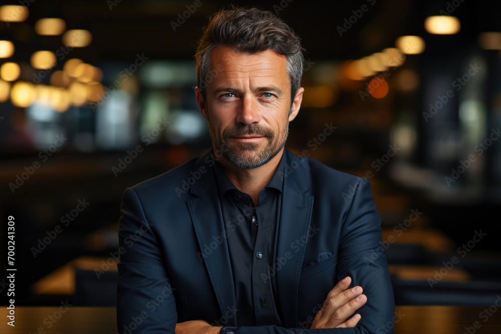Fototapeta premium Confident CEO Grinning in Corporate Office Setting