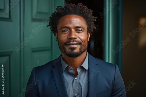 Professional Afro-American Exec Poses in Minimalist Workspace photo