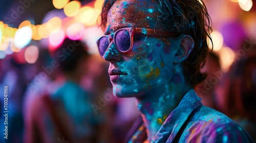 Stylish Party-Goer with Neon Paint. Individual with sunglasses and neon paint at a festive night event.