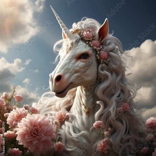A real unicorn in the sky in white, in the style of cute and colorful