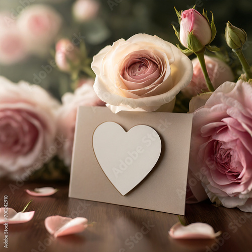 Valentine's Day heart greeting card valentine surrounded by rose flowers on wooden table with rose petals and blurry bokeh background 