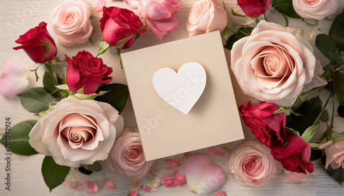 Top-down view of Valentine's Day handmade heart card and envelope resting on rose flowers