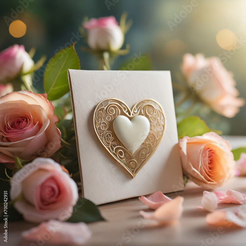 Intricate Valentine's Day heart greeting card valentine surrounded by rose flowers on white table with rose petals and blurry bokeh background 