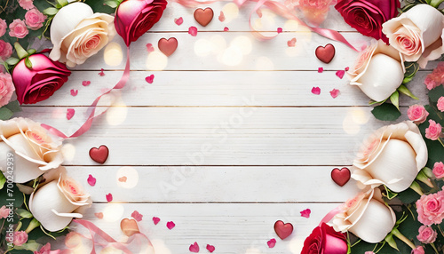 Top down view of roses, flowers, hearts, ribbons frame on wooden table for Valentines Day logo, text, copy, graphics. Blurry ethereal bokeh elements.