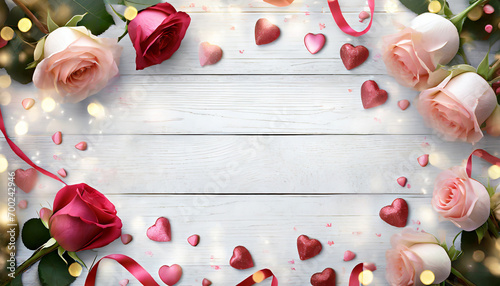 Top down view of wooden table framed by roses, flowers, hearts, ribbons for Valentines Day logo, text, copy, graphics. Blurry ethereal bokeh elements.