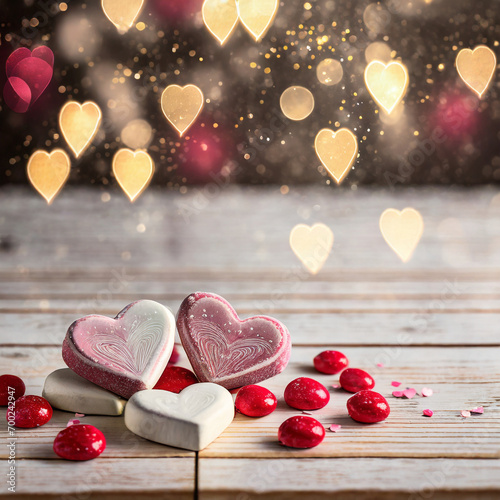 Valentine's Day holiday chalky heart candy sit atop a wooden table with heart lights bokeh ethereal background