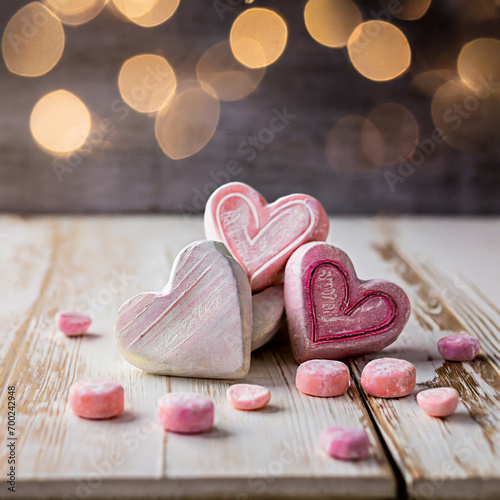 Valentine's Day holiday chalky heart candy sit atop a wooden table with blurry lights bokeh ethereal background